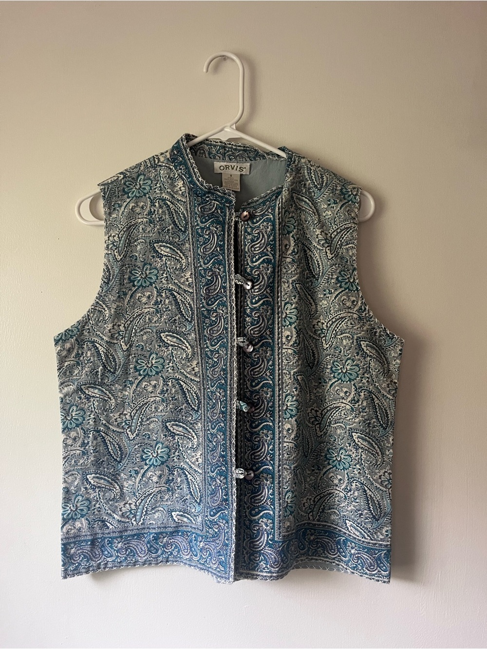 Orvis Women’s Teal Paisley Sleeveless Cotton Button Vest Size Small